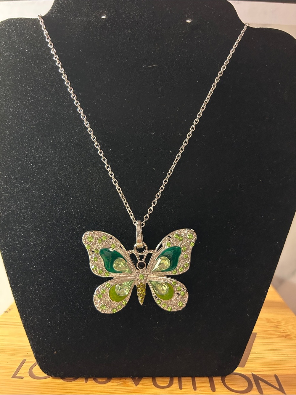 Source Unknown Silver Butterfly Necklace with Green Accents